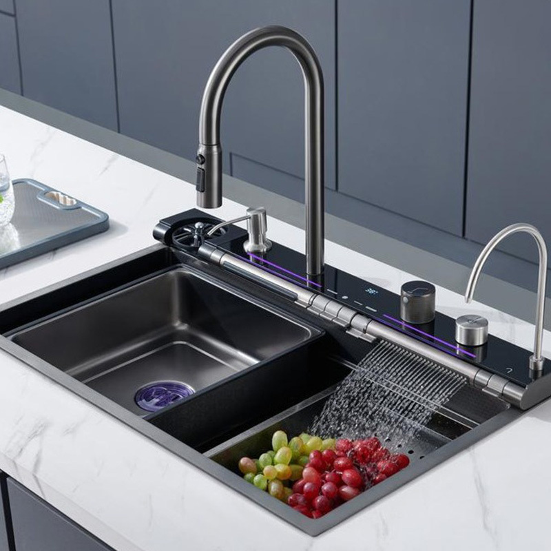 Smart Kitchen Sink with Waterfall Faucet Stainless Steel Large Single Slot Bionic Honeycomb Black Wash Basin lavandino cucina