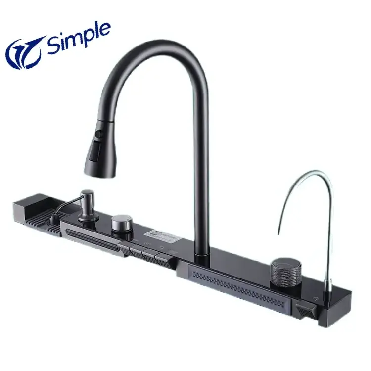 Stainless Steel single Bowl Anti-rust Handmade Digital Display Intergrated faucet double waterfall Bottom Black Kitchen Sink