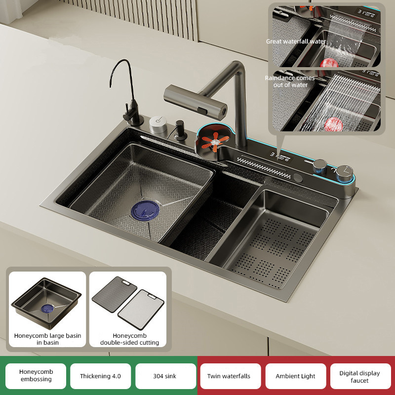 New Fashion sink kitchen  Smart Digital Display Mmbient Lighting Waterfall Faucet Honeycomb Automatic Glass Rinser Kitchen Sink