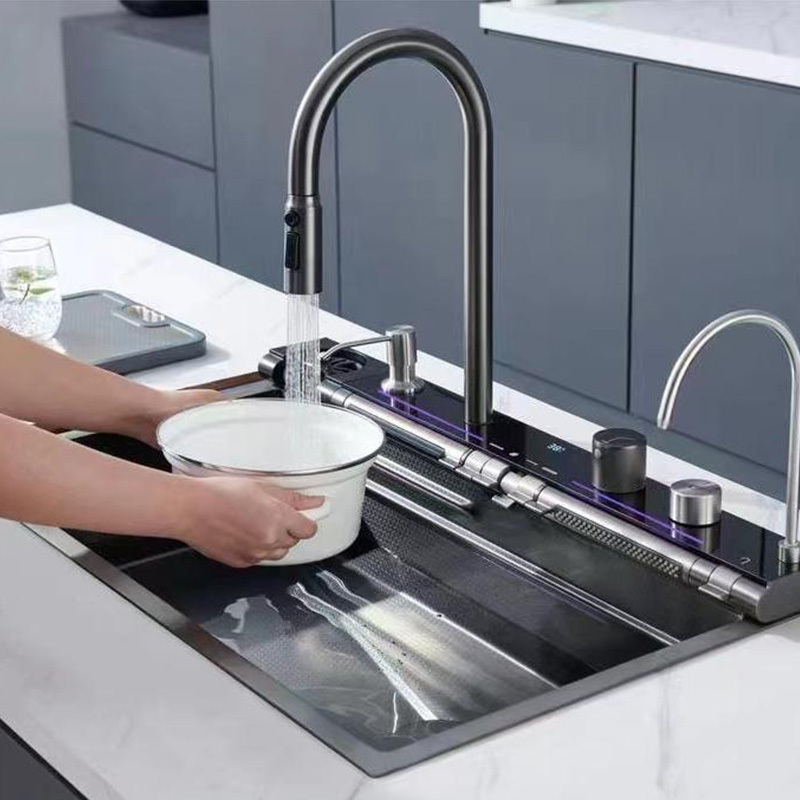 Kit pia De Cozinha Inox Akilli Mutfak Evyesi Multifunction Kitchen Sink Modern Smart Black Kitchen Sinks Water Fall Sink