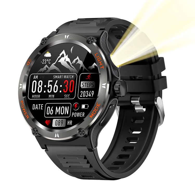 2024 KT76 Outdoor Smartwatch with 500mAh Big Battery Compass Strong Light Flashlight 3ATM Deep Waterproof Smart Watch for Men