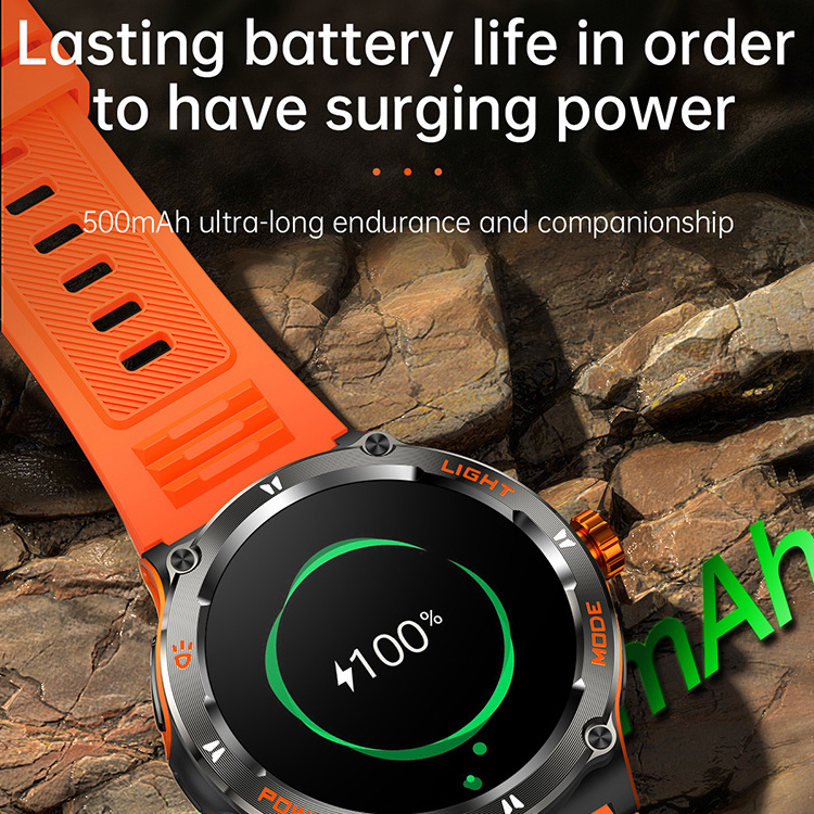 2024 KT76 Outdoor Smartwatch with 500mAh Big Battery Compass Strong Light Flashlight 3ATM Deep Waterproof Smart Watch for Men