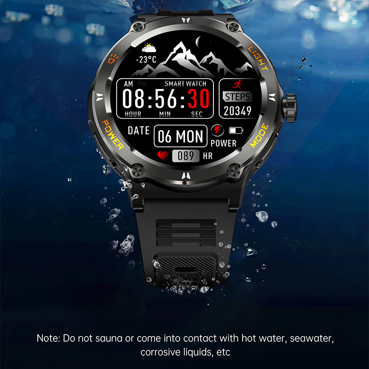 2024 KT76 Outdoor Smartwatch with 500mAh Big Battery Compass Strong Light Flashlight 3ATM Deep Waterproof Smart Watch for Men