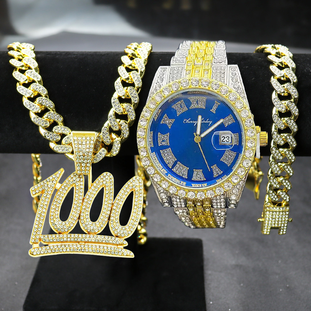 Hip Hop watch gift set 1000 Number Pendant Necklace with 13mm Crystal Cuban Chain Iced Out watch for men Fashion Jewelry sets