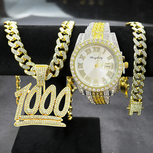 Hip Hop watch gift set 1000 Number Pendant Necklace with 13mm Crystal Cuban Chain Iced Out watch for men Fashion Jewelry sets