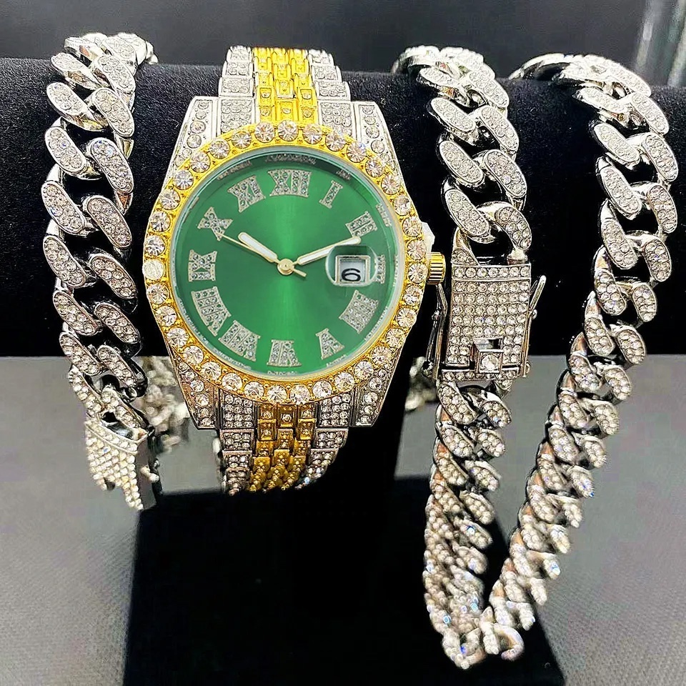 Full Iced Out Watches men wrist luxury Watch set Cuban Link Chain Bracelet set Bling Jewelry Sets for Men Hip Hop Watch For men