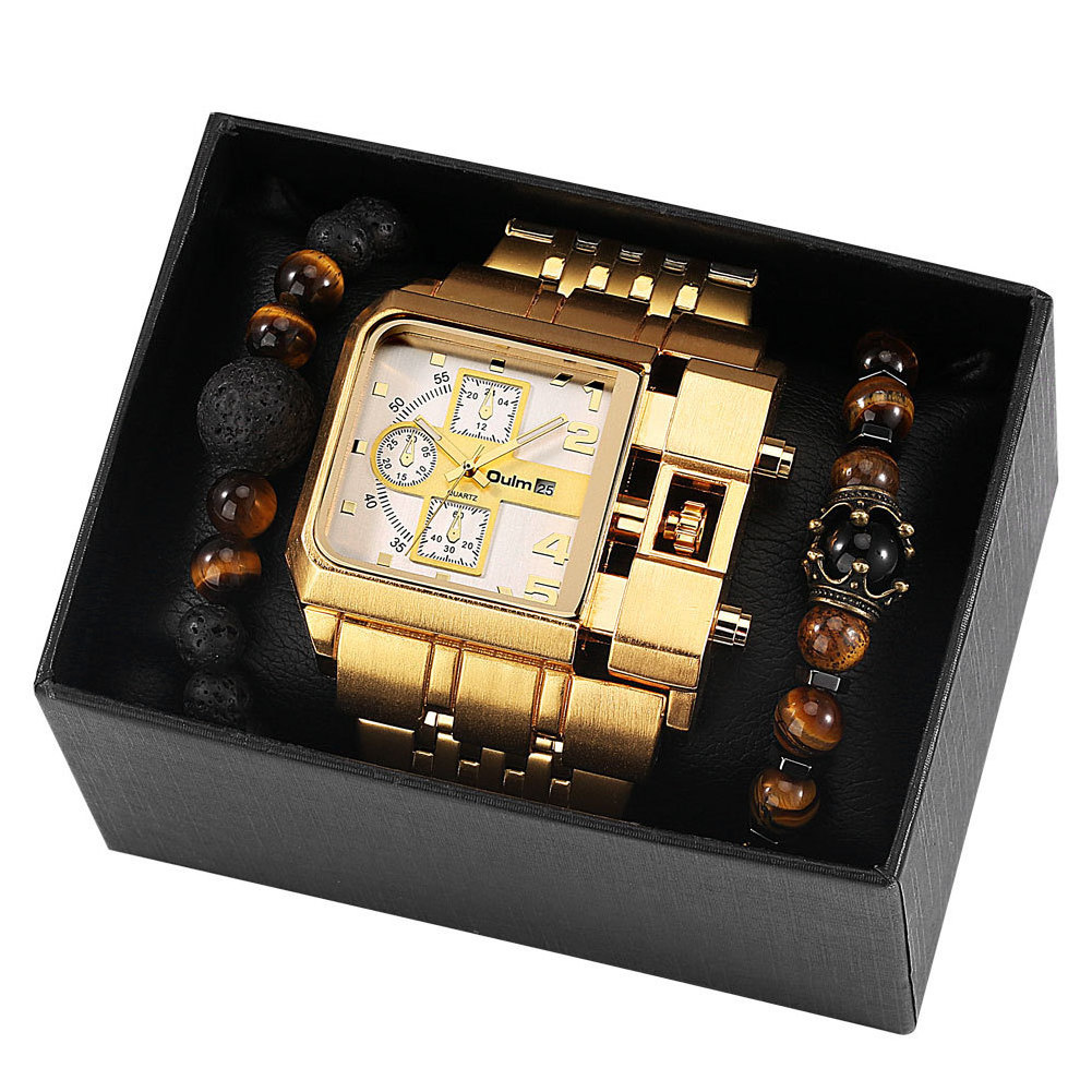 Top Brand watch gift set Luxury Quartz Watches for men Bracelet Set Gold Steel Big Dial Wristwatches Gift for Men Reloj Hombre