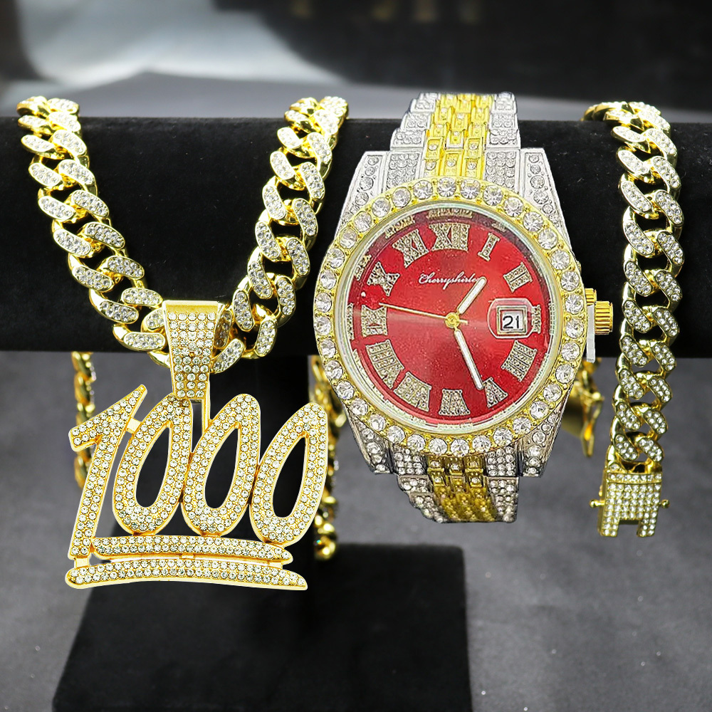 Hip Hop watch gift set 1000 Number Pendant Necklace with 13mm Crystal Cuban Chain Iced Out watch for men Fashion Jewelry sets