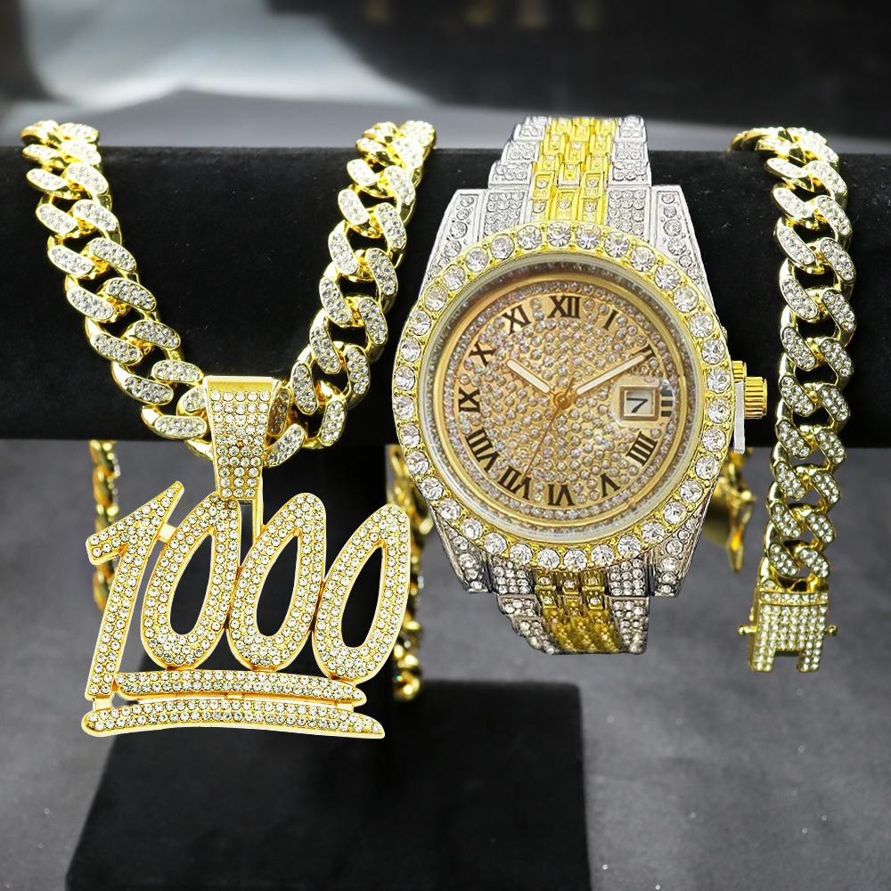 Hip Hop watch gift set 1000 Number Pendant Necklace with 13mm Crystal Cuban Chain Iced Out watch for men Fashion Jewelry sets