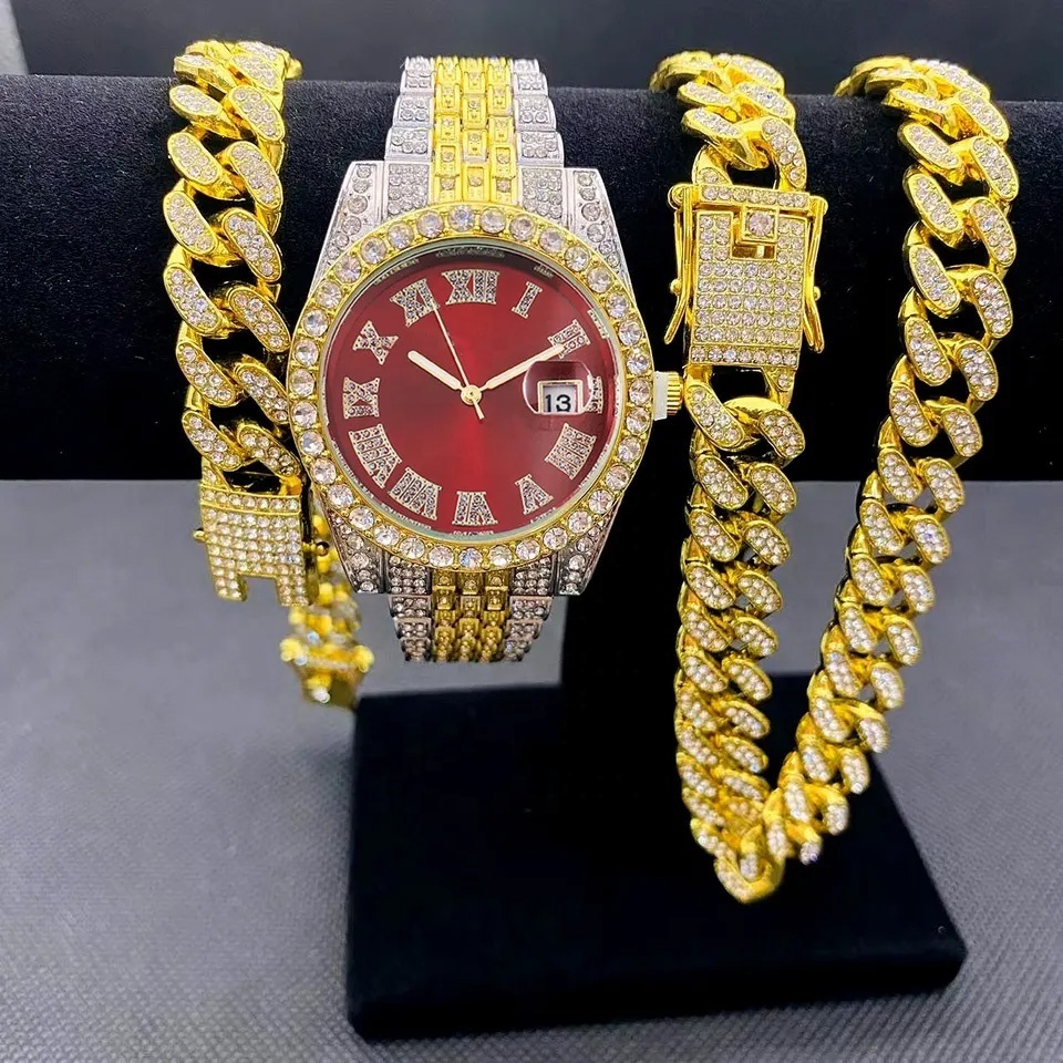 Full Iced Out Watches men wrist luxury Watch set Cuban Link Chain Bracelet set Bling Jewelry Sets for Men Hip Hop Watch For men