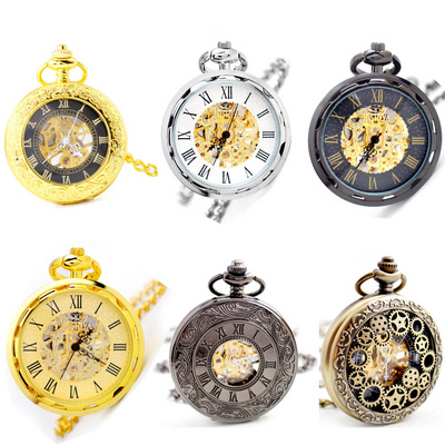 Gold Retro Mechanical Pocket Watch For Man Hollowed Necklace Movement Pocket Watches with Chain Men Clock New Year Gifts