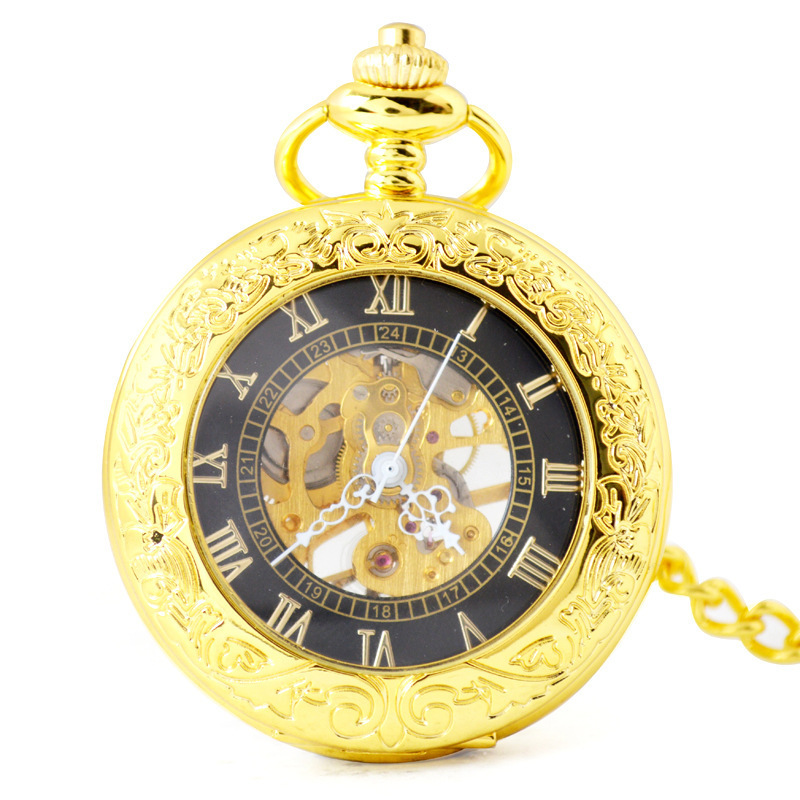 Gold Retro Mechanical Pocket Watch For Man Hollowed Necklace Movement Pocket Watches with Chain Men Clock New Year Gifts