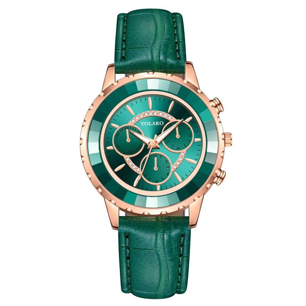 Luxury Fashion Three Eyes Dial Women Green Watch Quartz Leather Ladies Wristwatches 2020 YOLAKO Brand Woman Clock Montre Femme