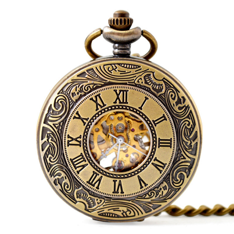 Gold Retro Mechanical Pocket Watch For Man Hollowed Necklace Movement Pocket Watches with Chain Men Clock New Year Gifts