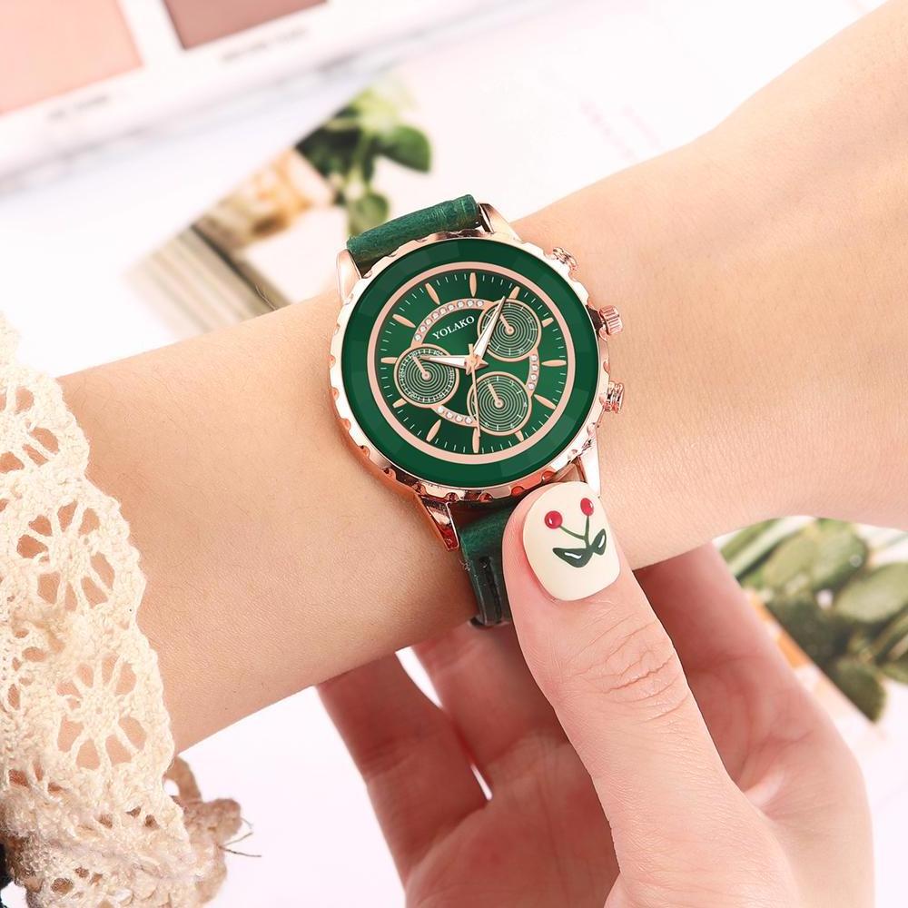 Luxury Fashion Three Eyes Dial Women Green Watch Quartz Leather Ladies Wristwatches 2020 YOLAKO Brand Woman Clock Montre Femme