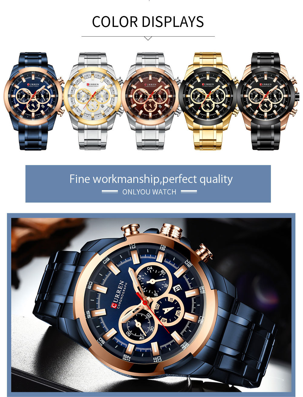 CURREN Men Watches Top Brand Big Sport Watch Luxury Men  Steel Quartz Wrist Watches Chronograph Gold Design Male Clock