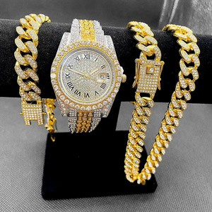 Full Iced Out Watches men wrist luxury Watch Cuban Link Chain Bracelet set Bling Jewelry Sets for Men Hip Hop Watch For men