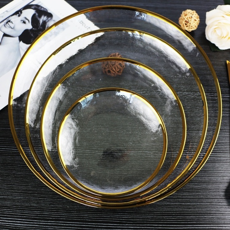 Eco-Friendly Modern Clear Round Glass Dishes Plates Set Classic Customized Edge Rim Gold Charger Plates with Pattern for Wedding