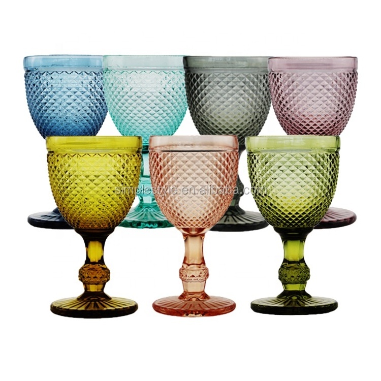 2024 Hot Selling Wholesale Diamond Drinking Glassware Water Cup Vintage Red Wine Glass Goblets for Wedding Decorative Green Blue