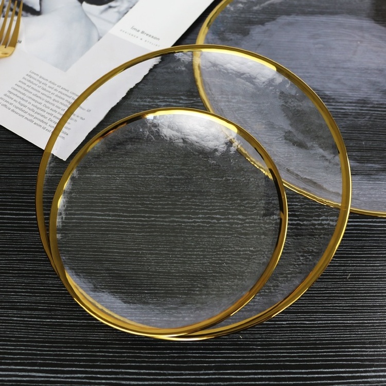 Eco-Friendly Modern Clear Round Glass Dishes Plates Set Classic Customized Edge Rim Gold Charger Plates with Pattern for Wedding