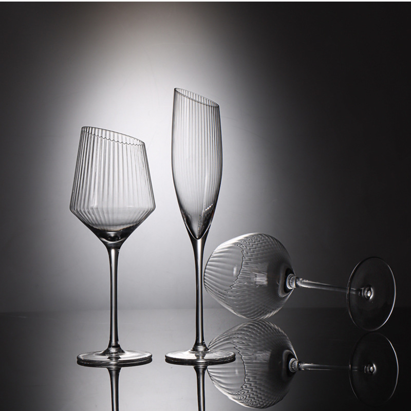 New product ideas 2023 bevel oblique cut ribbed wine glasses goblet best selling modern slant rim champagne goblets glass sets