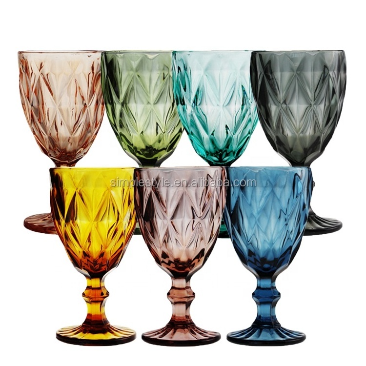 2024 Hot Selling Wholesale Diamond Drinking Glassware Water Cup Vintage Red Wine Glass Goblets for Wedding Decorative Green Blue