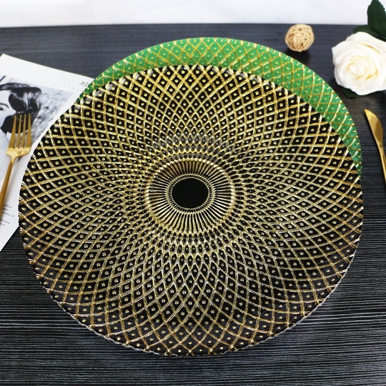 Luxury Round Under Plate with Pearl White Paint Eco-Friendly Wedding Events Black and Gold Glass Charger Plates