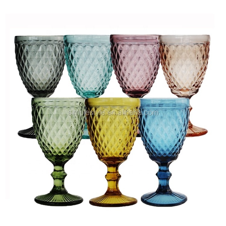 2024 Hot Selling Wholesale Diamond Drinking Glassware Water Cup Vintage Red Wine Glass Goblets for Wedding Decorative Green Blue