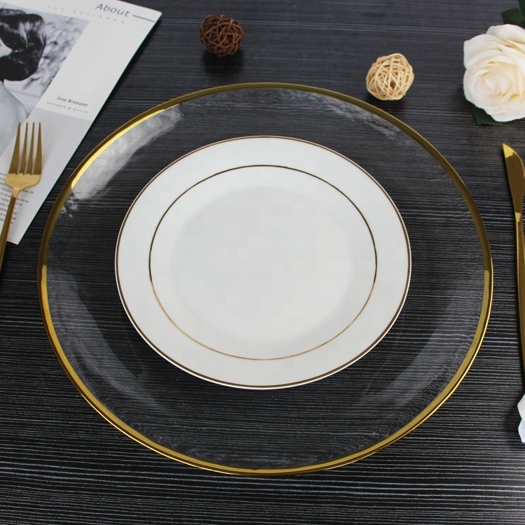 Eco-Friendly Modern Clear Round Glass Dishes Plates Set Classic Customized Edge Rim Gold Charger Plates with Pattern for Wedding