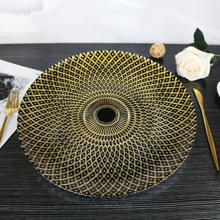 Luxury Round Under Plate with Pearl White Paint Eco-Friendly Wedding Events Black and Gold Glass Charger Plates