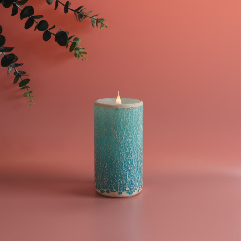 light blue Pillar Candle mosaic surface led 3D moving swing wick  candles for home decoration 2024 Christmas gift