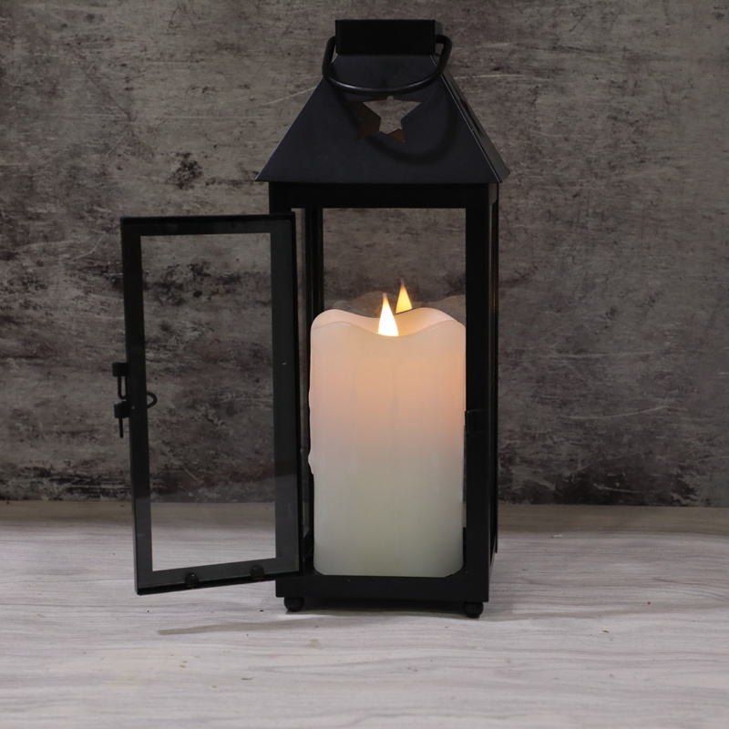 lanterns decorative  luxury black outdoor pillar large candle lantern with Led 3D wick moving candle Simplux