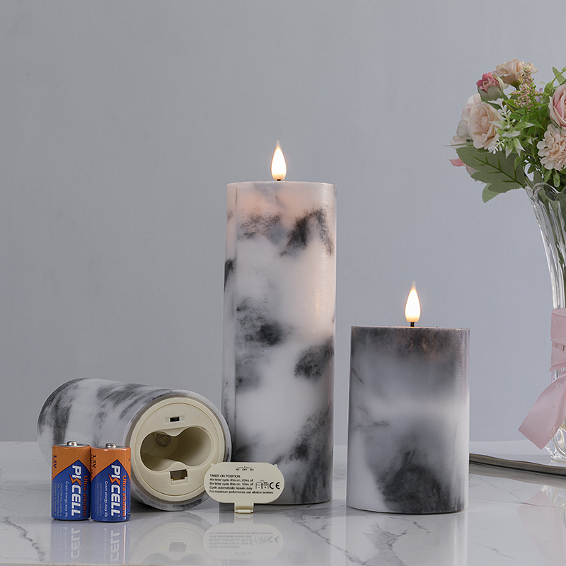 New Design Marble Color LED Flameless Candle with Patented Moving Black Wick Flickering Candle Battery Operated