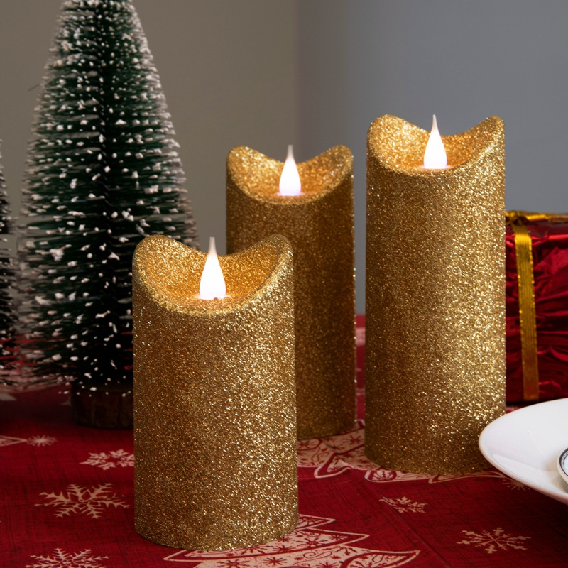 pillar Candle with glitter and Remote for wedding  Indoor Flameless Red Gold silvery color Candle with 3D Flickering Flame