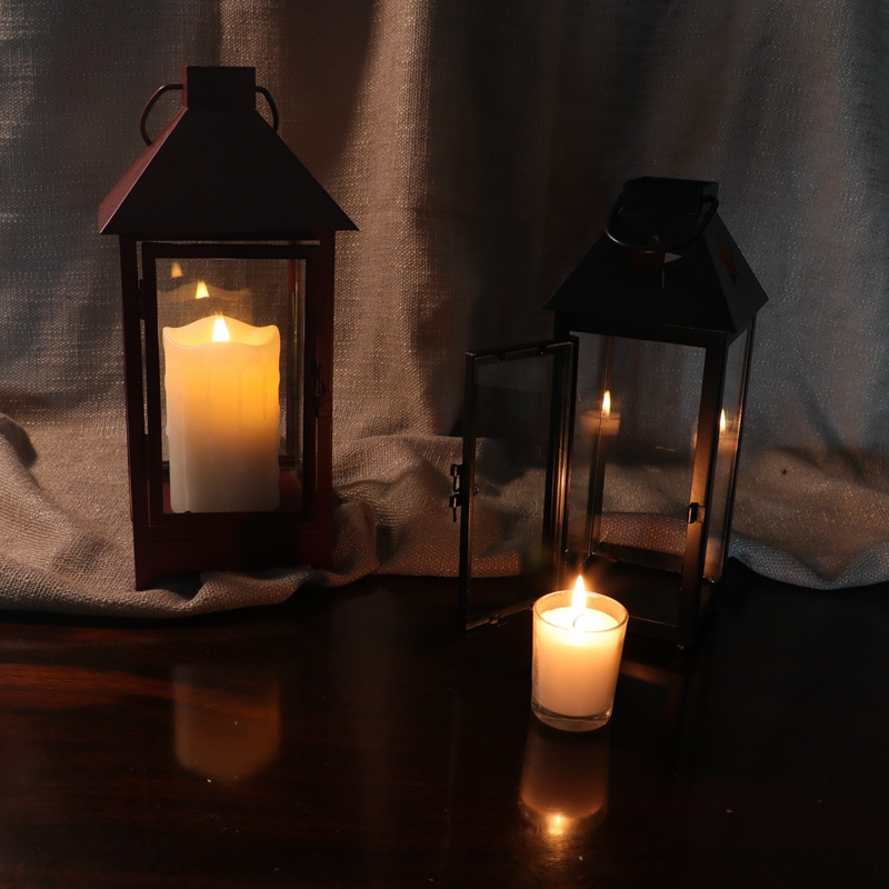 lanterns decorative  luxury black outdoor pillar large candle lantern with Led 3D wick moving candle Simplux