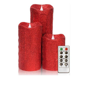 3D Flame Led Paraffin Wax Candle with Timer Battery Operated Red Glitter Candle with Remote Control for Home holiday Decoration