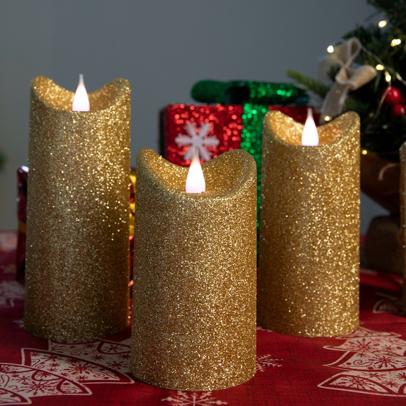 pillar Candle with glitter and Remote for wedding  Indoor Flameless Red Gold silvery color Candle with 3D Flickering Flame