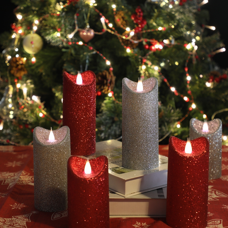 pillar Candle with glitter and Remote for wedding  Indoor Flameless Red Gold silvery color Candle with 3D Flickering Flame