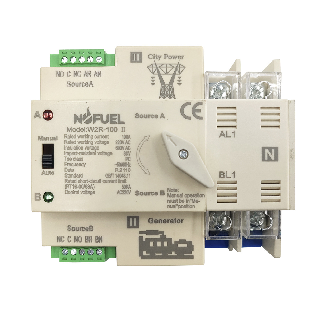 NOFUEL Dual Power Automatic Transfer Switch W2R-100 2P 3P 4P 63A 100A 110V 220V Grid to AC Generator