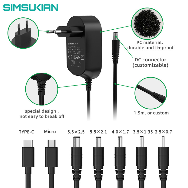 AC to DC wall plug in power adapter 9v 12v 14v 20v 24v 1a 1.2a 1.5a 1.6a 1.67a 1.8a 2a 3a 9 volt 3 amp adaptor transformer