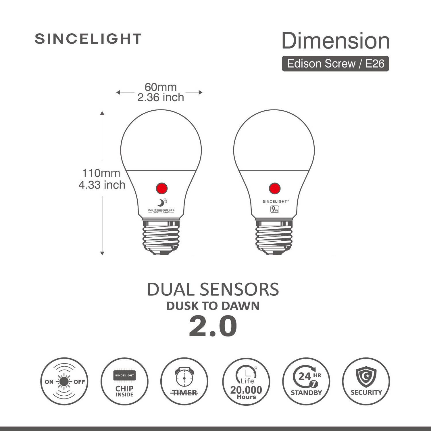 E26 Dusk to Dawn LED DayLight Sensor Bulb with Dual Photosensors, Automatic ON/OFF Night Light,Retrofit and Update.