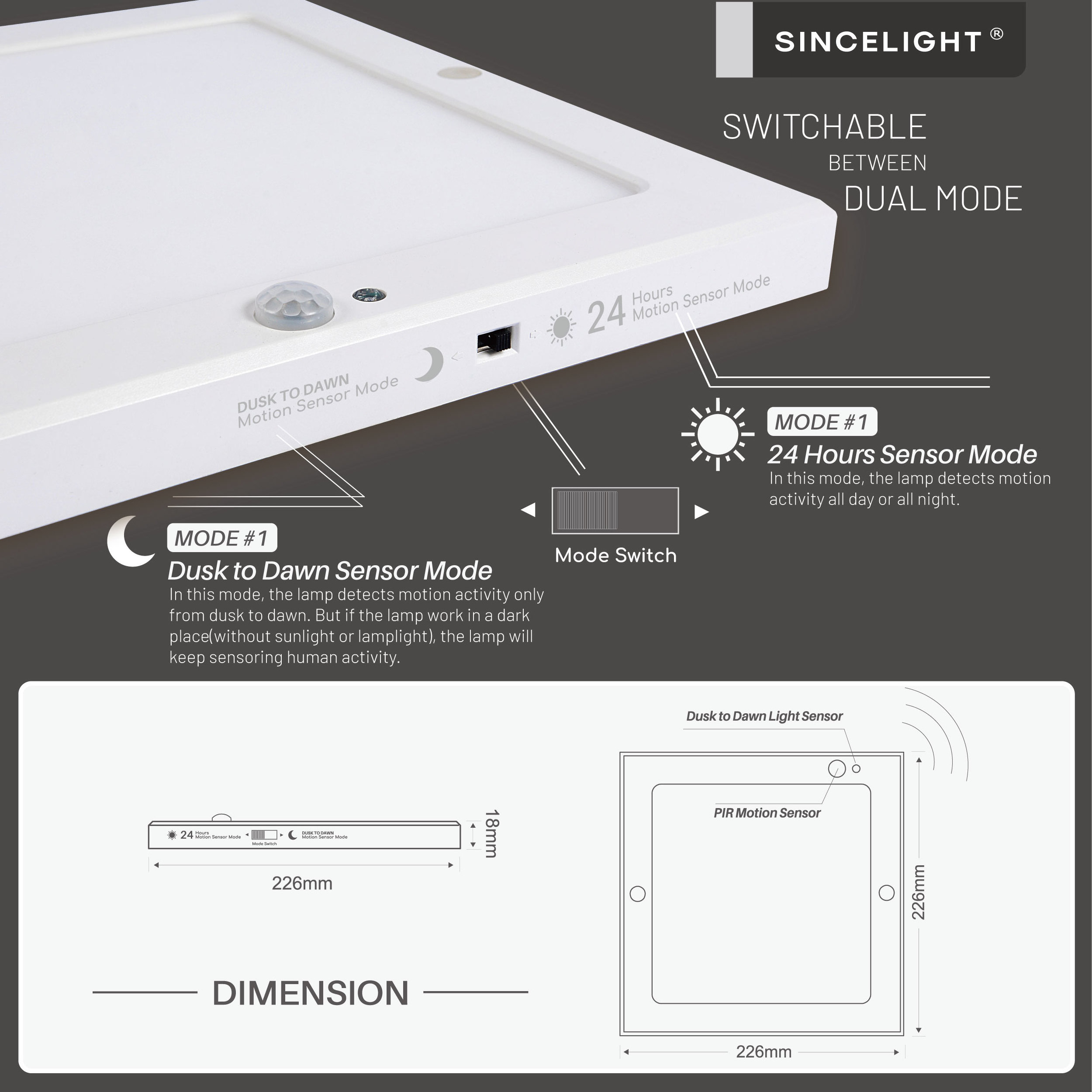 Motion Sensor LED Ceiling Light 18W 1650LM Flush Mount Square Lighting Fixture