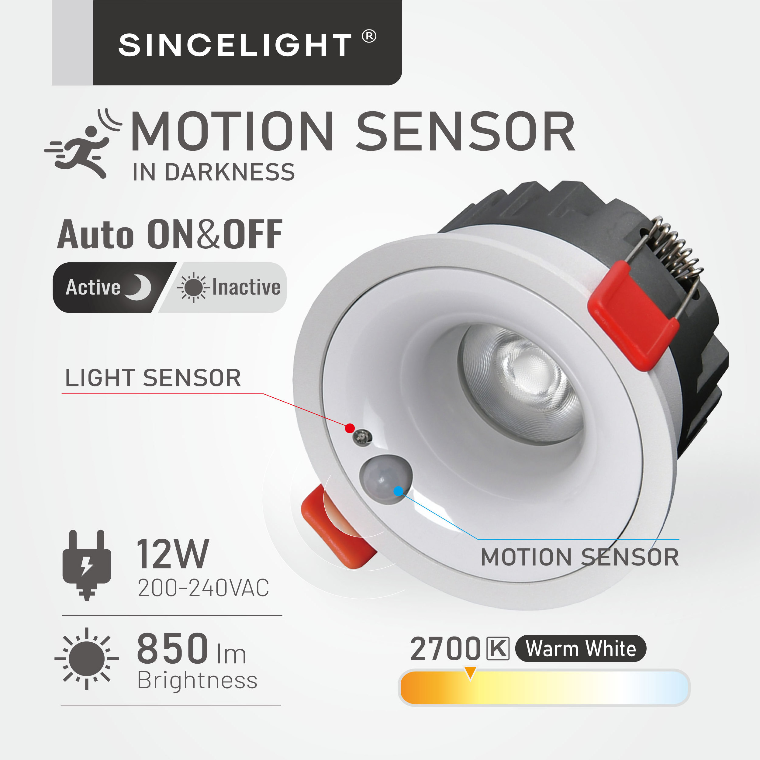 PIR Motion Sensor 12W Recessed Ceiling Light ( Cutout 75mm ), Automatic ON/Off in Darkness, Moving Detector for Hallway