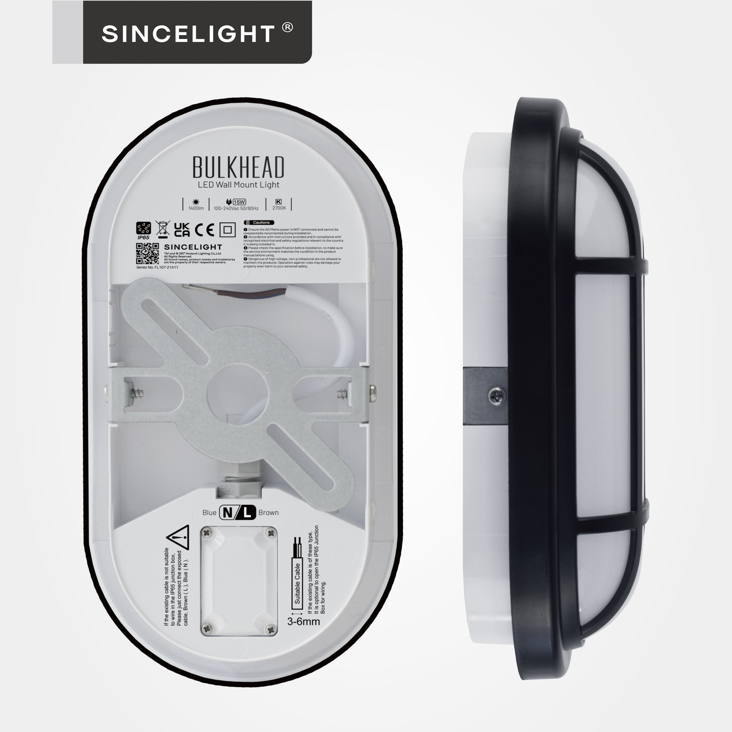 LED IP65 Flush Wall Mounted Oval Bulkhead Light Fitting with Black Trim 15W 100-240V