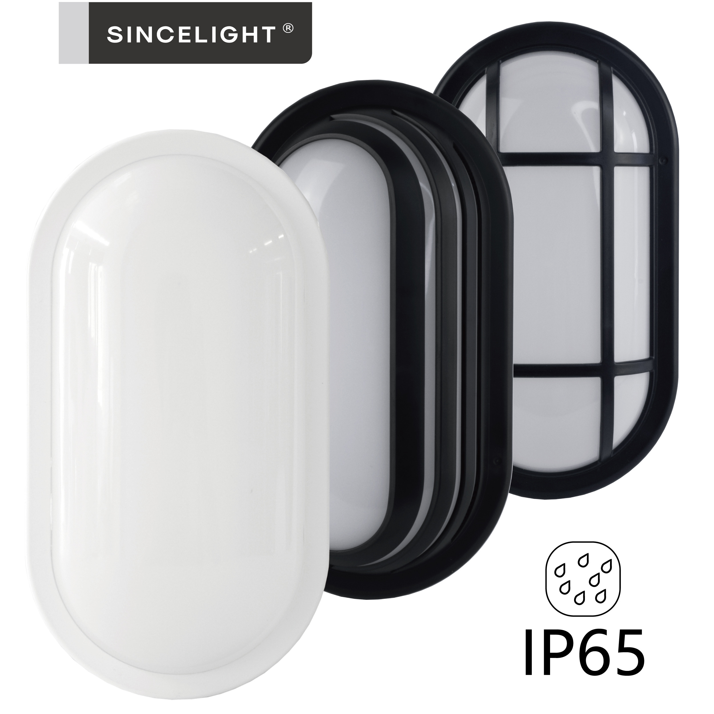 LED IP65 Flush Wall Mounted Oval Bulkhead Light Fitting with Black Trim 15W 100-240V