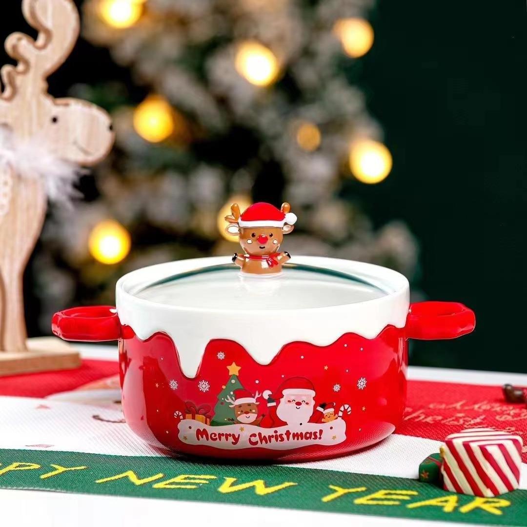 Manufacturer Wholesale Custom Logo Creative Cartoon Christmas Noodle Ceramic Soup Bowl With Lid