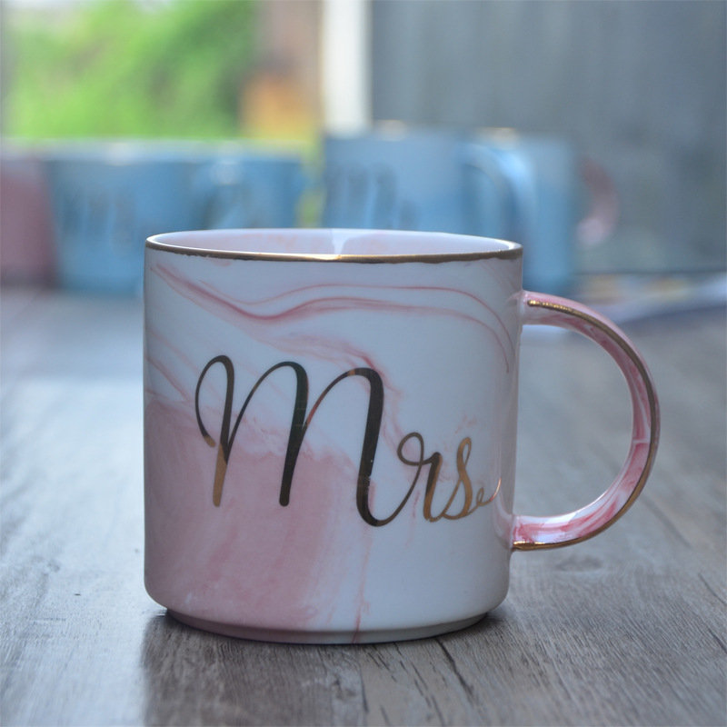 European Gold ceramic  breakfast coffee cup and milk tea cup Mr Ms letter Men women marble Mug