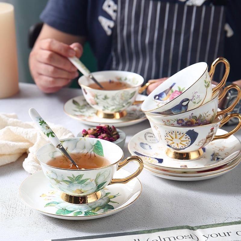 European elegent bone china custom coffee cup and saucer set for afternoon tea coffee with gold rim