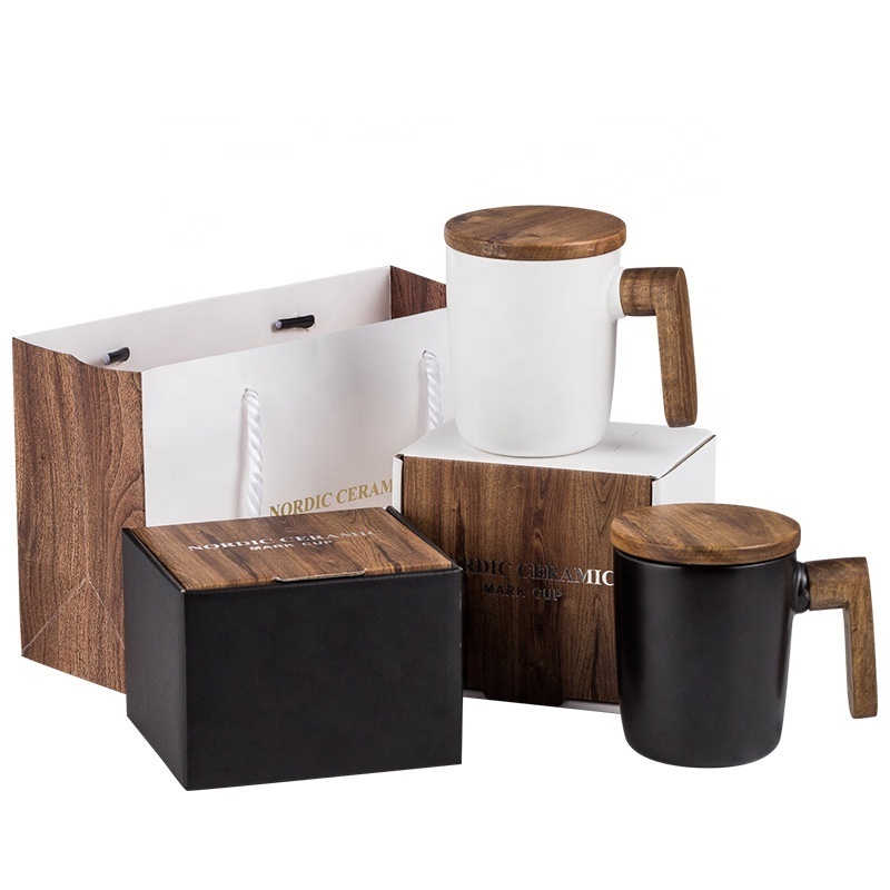 Nordic Mug Wooden Handle with Lid Couple Water Cup with Gift Box