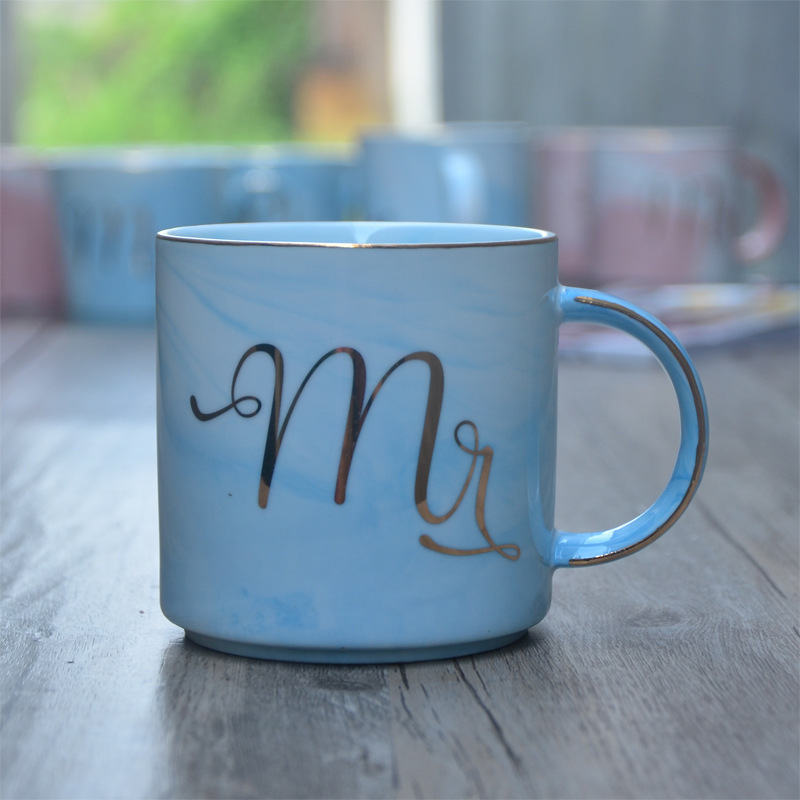 European Gold ceramic  breakfast coffee cup and milk tea cup Mr Ms letter Men women marble Mug